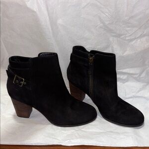 Modern Boho Cole Haan Black Suede Ankle Boots, 3 inch Stacked Heel, size 6 1/2 B